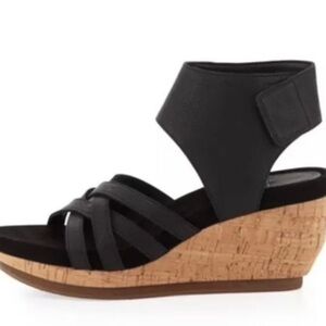 Eileen Fisher Vast Cork Leather Wedge Cuffed Ankle Sandals Black 7